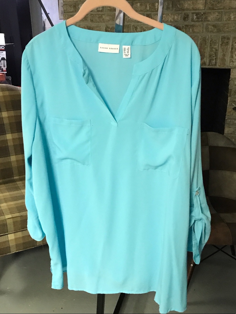 Susan Graver Aqua V-Neck Roll-Tab Tunic